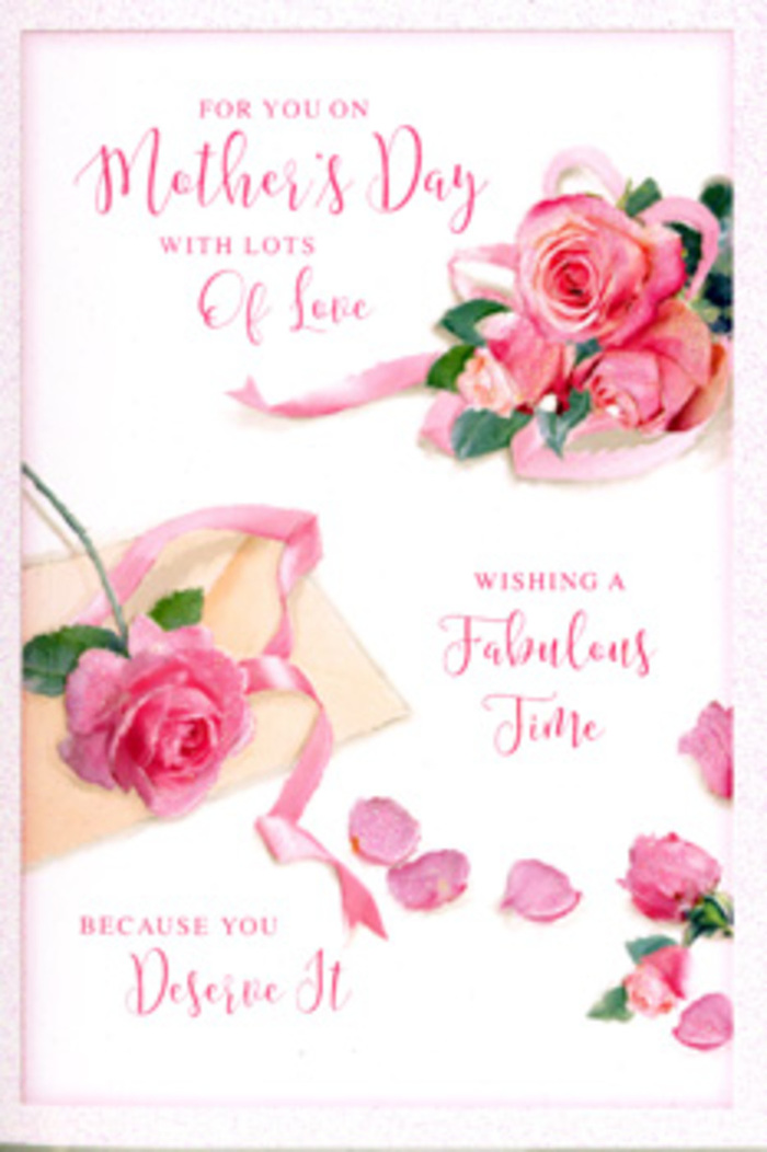 On this Mother's Day card, the artwork feels like a lovingly composed arrangement you might see on a side table in a Fitzrovia townhouse, catching soft light from a nearby window on Newman Street. At the centre, a trio of fully open pink roses anchors the scene, their petals layered like delicate silk, shifting from near-white blush at the edges to deeper rose at the heart. Nestled alongside are smaller blooms and buds, suggesting a bouquet in different stages of opening, symbolic of the many seasons of a mother's care. The roses appear to rest on a clean, pale background, allowing every curve and fold of the petals to stand out, as if spotlighted by late afternoon sunshine filtering down from Oxford Street. Around the main cluster, individual petals lie scattered with intentional randomness, like tiny keepsakes or love notes left behind after arranging flowers at the kitchen table. A narrow ribbon, soft and satiny, winds in gentle arcs through the blooms, its pastel colour complementing the pinks and adding a subtle sense of celebration, much like the finishing touch a florist ties around a hand-tied bouquet. Flowing script in a warm, hand-lettered style overlays the floral imagery, offering a message of appreciation and rest that echoes the calm beauty of the roses themselves. The overall mood is peaceful and affectionate, evoking the feeling of presenting this card alongside fresh flowers delivered locally in Fitzrovia, a thoughtful gesture that turns an ordinary moment into a quiet, graceful tribute to Mum.