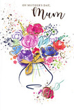 This Mother's Day card presents a joyful, abstract bouquet rendered in flowing watercolour, as though a creative florist-artist has captured the spirit of a hand-tied arrangement rather than its exact form. Broad strokes of lush purples, playful pinks, and vivid cerise mingle with calmer notes of blue, lavender, and warm apricot, evoking the layered richness of a spring bouquet ready for delivery anywhere in Fitzrovia. Deep indigo outlines and loose stems provide just enough structure to suggest individual blossoms and foliage without confining them, giving the impression of flowers in gentle motion, like blooms swaying slightly when carried along Goodge Street. Fine accents of gold ink trace some of the petals and leaves, adding a subtle shimmer that feels like dappled sunshine catching fresh flower heads in a shop window. Around the main cluster of blooms, soft hearts and tiny specks of colour are scattered with deliberate abandon, echoing the festive feeling of petals tossed in celebration or children's playful doodles on a homemade card. The vase below is minimal and softly curved, finished with an elegant golden bow that recalls the soft crinkle of ribbon being tied around a bouquet before it leaves the workbench. Set against a clean white background, the colours glow with clarity and warmth, creating a sense of openness and heartfelt sincerity. The overall impression is one of gratitude, comfort, and genuine affection, perfectly attuned to the emotions families in Fitzrovia might wish to express on Mother's Day through both flowers and art.