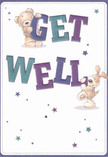 Infused with the gentle optimism characteristic of Fitzrovia, this get well card illustration lifts the spirit at a glance. Two delightful figures-a teddy bear with soft, plush fur that recalls the comfort of a favourite childhood toy, and a floppy-eared puppy whose lively eyes convey real empathy-balance the exuberant letters spelling 'Get Well.' The type's rich indigo and teal shades are as vibrant as seasonal bouquets displayed on Tottenham Court Road, providing a vivid pop of colour against a calm creamy backdrop. Scattered, shimmering stars in blue and amethyst sprinkle hope and joy through the scene, their playful dance echoing the spontaneous magic of a sunny afternoon at Soho Square. The overall composition feels intentionally joyful yet soothing, much like a lovingly arranged bunch of fresh flowers for recovery. There's warmth here, as if a local florist had tucked in an extra sprig of greenery just to brighten someone's day in Fitzrovia. Perfect for pairing with a hand-delivered bouquet, this card is a cheerful, heartfelt way to offer comfort and encouragement to anyone on the path to getting well in the neighbourhood.